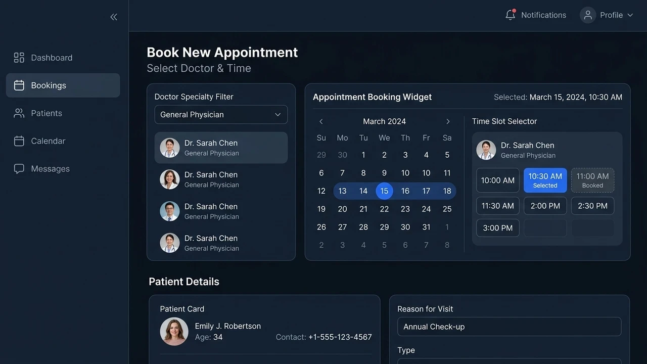 Plataforma de gestión clínica con selector interactivo de citas y panel de pacientes