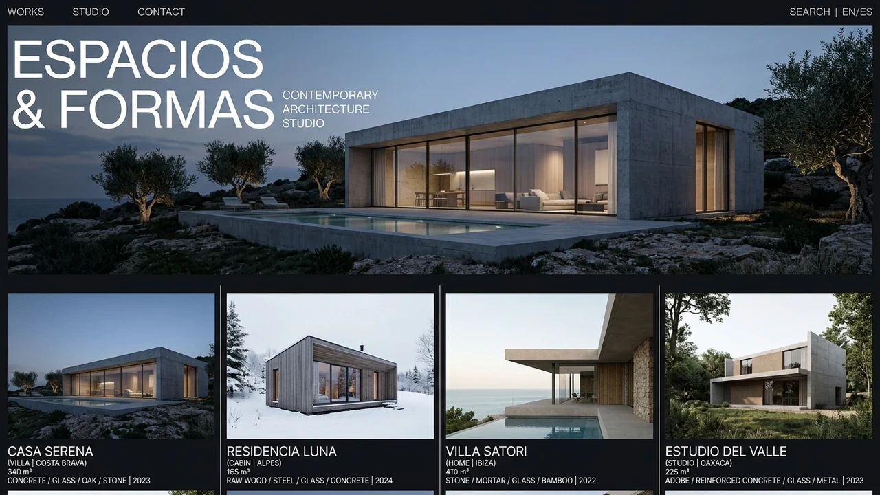 Interfaz web de estudio de arquitectura contemporánea con visor de proyectos residenciales
