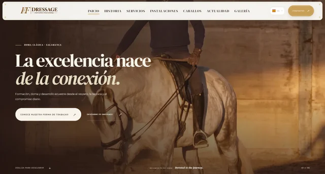 Captura real de FF Dressage: portada ecuestre con su presentación de doma clásica