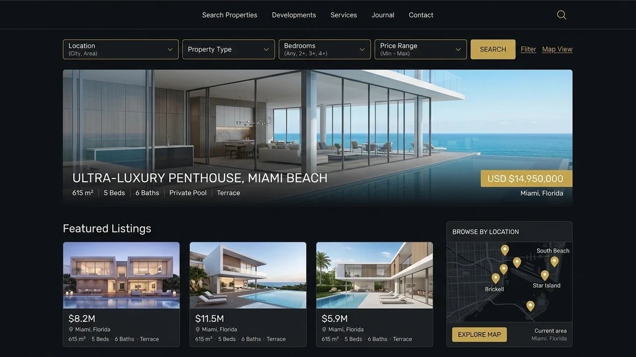 Portal inmobiliario de lujo con buscador avanzado, ficha de ático y mapa interactivo
