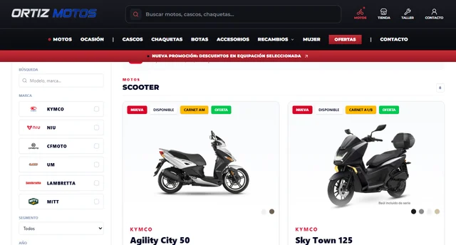 Catálogo real de Ortiz Motos con fotografías de motos, modelos y filtros por marca